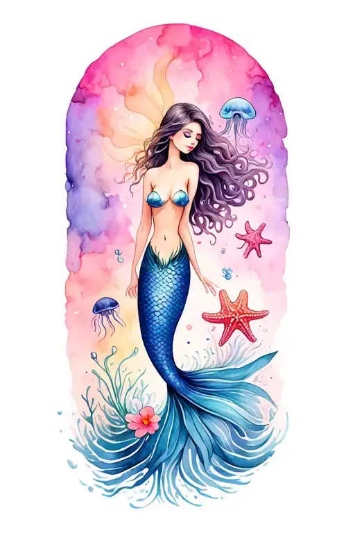 mermaid,Watercolor,, waves, flowers, small jellyfish, small octopus, starfish tattoo design idea