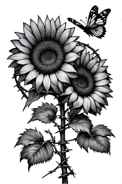 sunflowers with barbed wire wrapping around, with 2 butterflies tattoo design idea