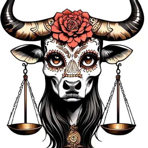 woman bull with sugar skull markings, brown eyes and two Libra scales and dark background tattoo design idea