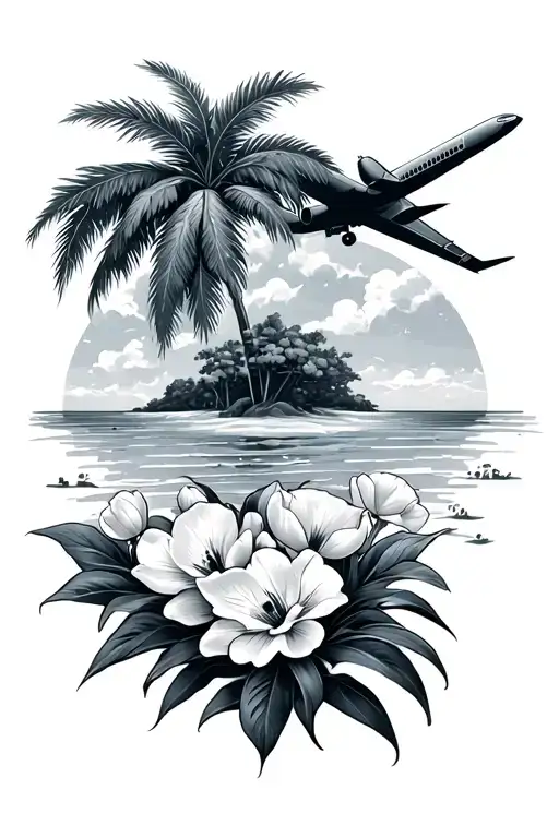 tropical island, aeroplane, long distance, love, anime, tulips  tattoo design idea