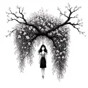 willow tree with a figure of girl hanging from branch  tattoo design idea
