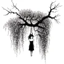 willow tree with a figure of girl hanging from branch  tattoo design idea