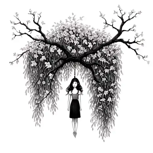 willow tree with a figure of girl hanging from branch  tattoo design idea