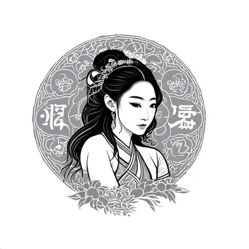 traditional Vietnamese woman next to a Chinese zodiac ox tattoo design idea