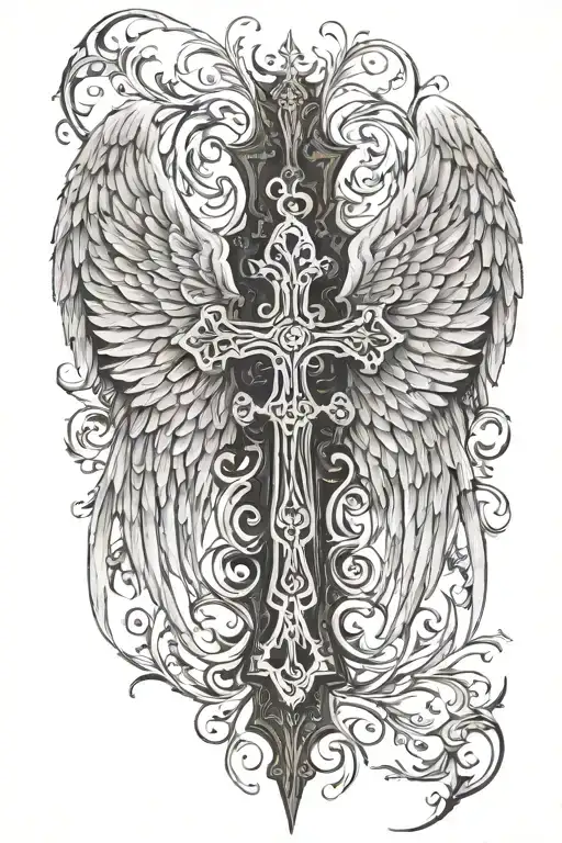 I want a full back tat of angel wings with a cross in the middle. Very detailed and the feathers should extend from the  tattoo design idea
