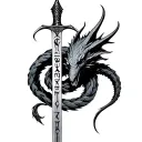 Zweihander, coiled by a slender wyvern. Elder Futhark runes (ᚷᛟᛞ) & (ᚢᚱᛟᚲᛋ) on blade. cybercigilism style plese. tattoo design idea