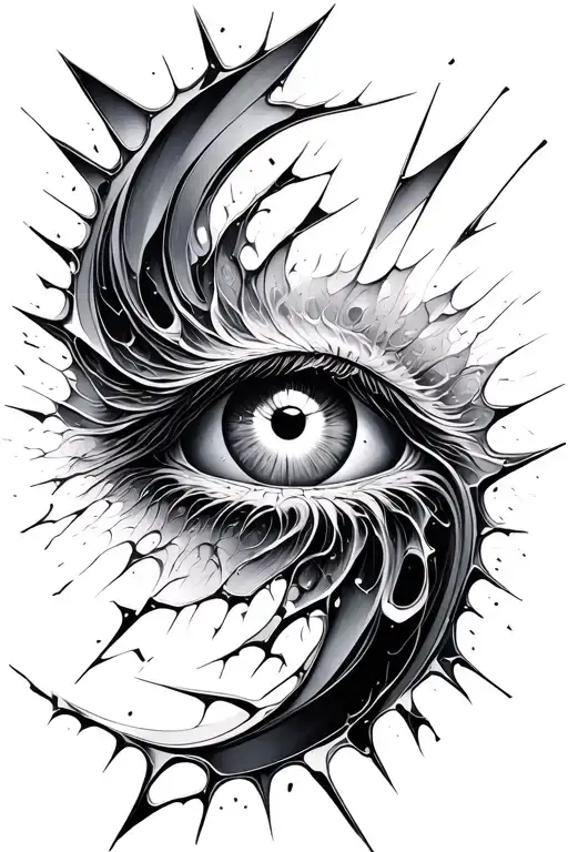 A swirling vortex of shattered glass and ink, with a single, unblinking eye at its center. The design should convey both tattoo design idea