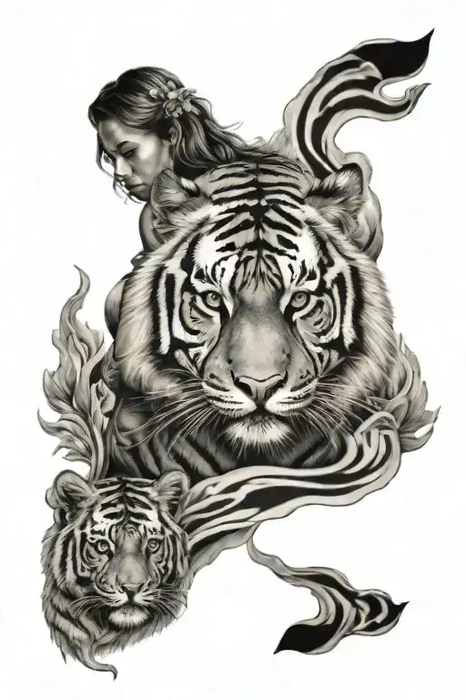 Tiger and woman and oil spill tattoo design idea