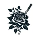A minimalist design of a rose intertwined with a katana, symbolizing the union of Beauty and The Beast and Mulan tattoo design idea