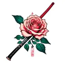 A minimalist design of a rose intertwined with a katana, symbolizing the union of Beauty and The Beast and Mulan tattoo design idea