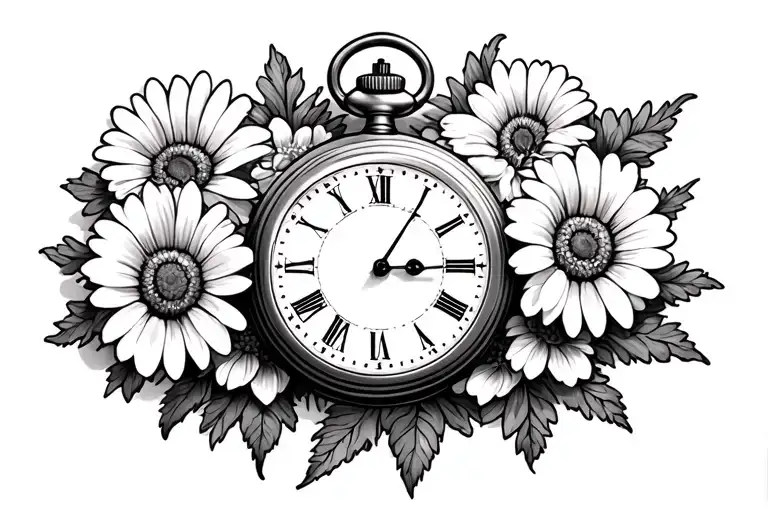 opened pocket watch with daisies, marigolds and asters morning glorys tattoo design idea