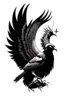 a phoenix flying under a philant star brings a leaf of lorium in its beak to a single ant tattoo design idea