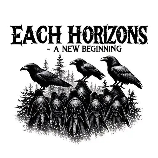 "Each horizon - a new beginning" vikings in a forest with ravens tattoo design idea