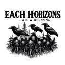 "Each horizon - a new beginning" vikings in a forest with ravens tattoo design idea