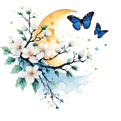 blossom flowers on branch with butterflies and stars and moon with watercolor little bit Gothic but beautiful flowy tattoo design idea