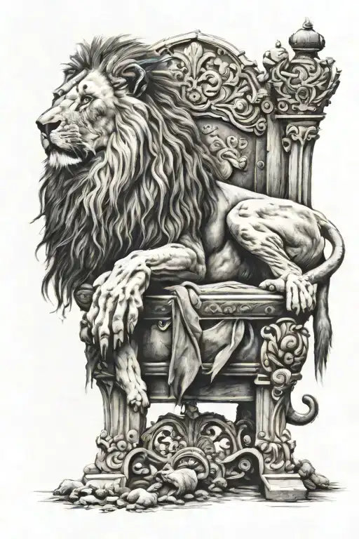 lion sitting on a throne surronded by dead sheep   tattoo design idea