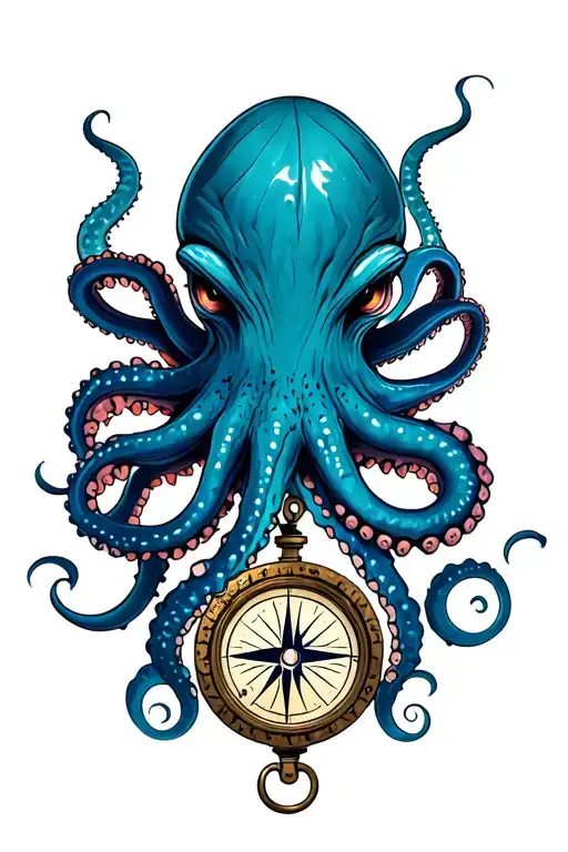 angry kracken octopus in ocean with nautical compass in middle with tentacles out wide tattoo design idea