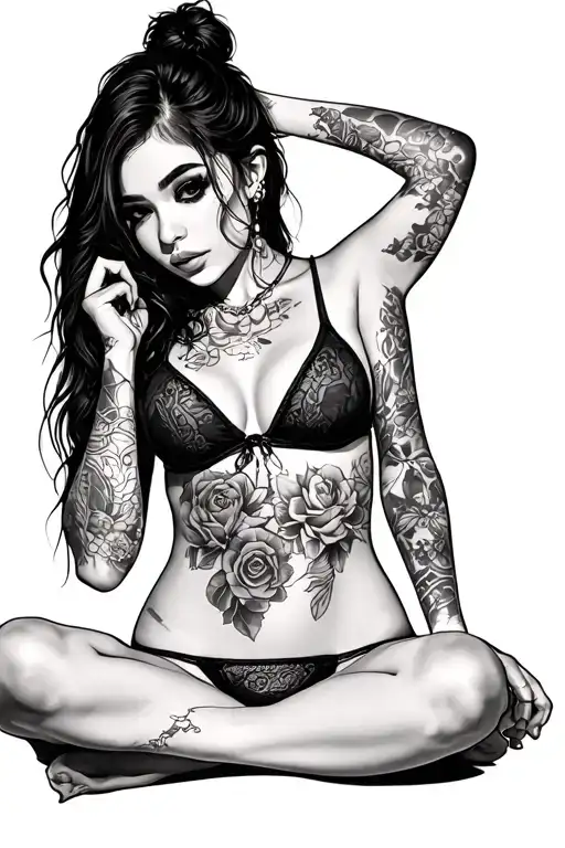 sexy girl sitting with thong tattoo design idea