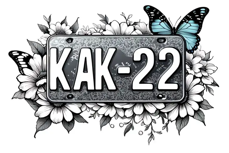 "KAK-222" butterfly, flowers, license plate black and white tattoo design idea