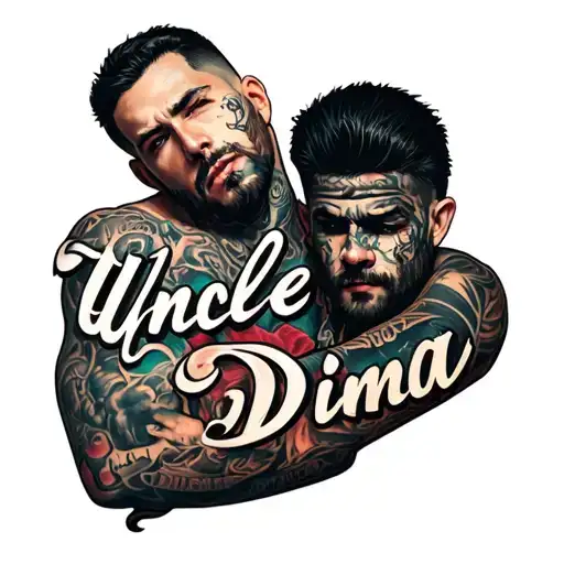 Male tattoo, with the inscription "Uncle Dima", in punk style tattoo design idea