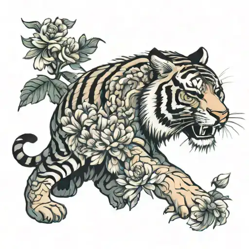 Tiger in Japanese style next to flowers peonies tattoo design idea