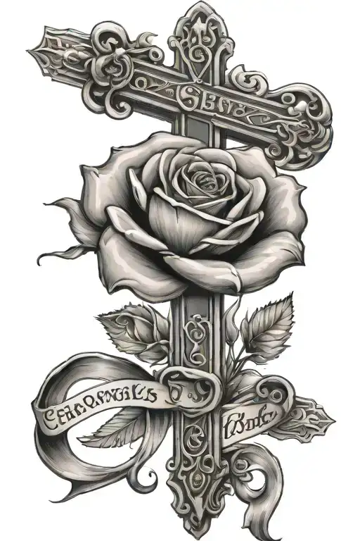 a cross wrapped in a rose with bible verse 2 chronicles 15:7 coming out of the end of the rose tattoo design idea