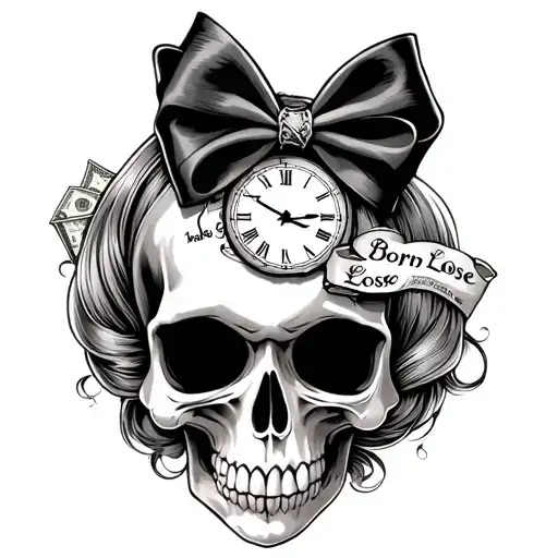 cute skull with a hairbow. include coffin,160436,heart,moneybags, clock.reads, "Born to Lose" tattoo design idea