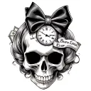 cute skull with a hairbow. include coffin,160436,heart,moneybags, clock.reads, "Born to Lose" tattoo design idea