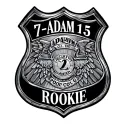 the call sign "7-Adam-15" and the word "rookie" etched inside a police badge tattoo design idea