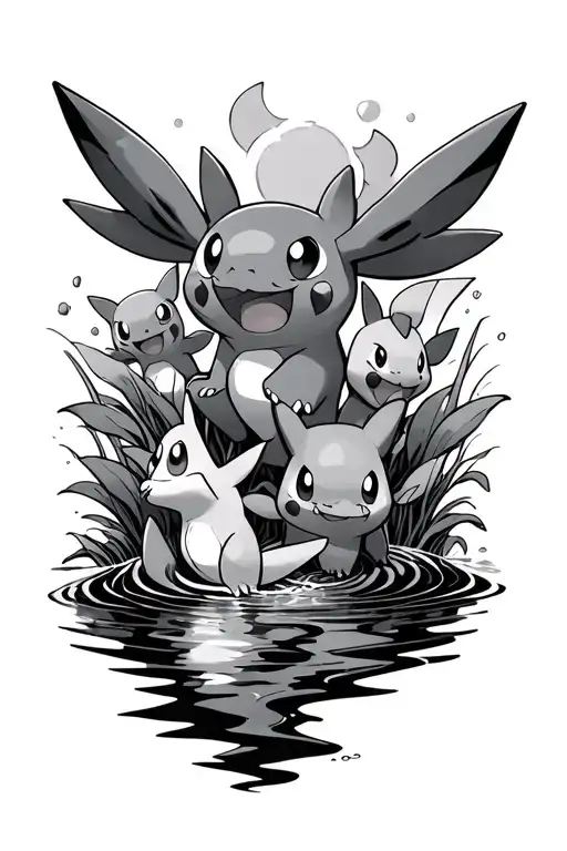 all water Pokémon starters in a stream meandering tattoo design idea