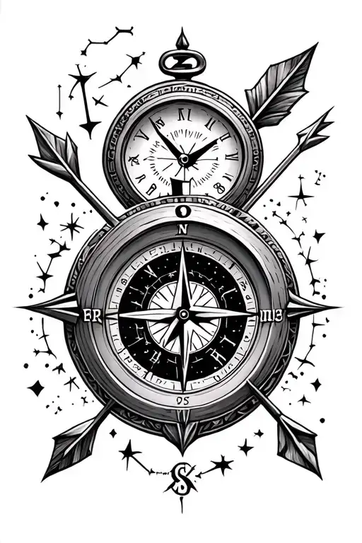 Specifically A tattoo which would have 4 things, a compass an arrow, the constellation of pieces and a watch  tattoo design idea
