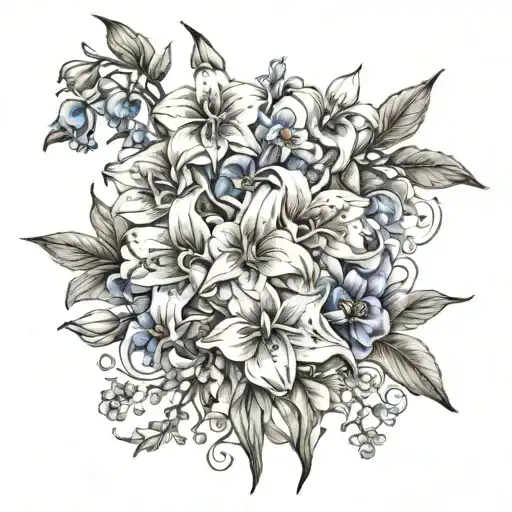 Draw me a tattoo for the forearm with a flower meadow containing violets, lilies of the valley, roses, delphiniums, gladiolas, a tattoo design idea