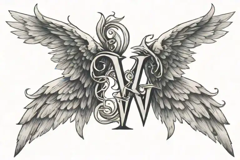 angel wings with letter V tattoo design idea