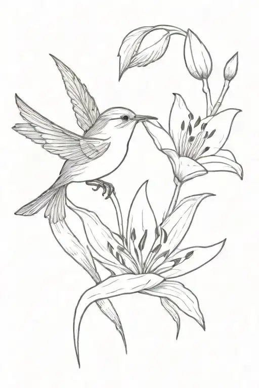 wren bird and lily flower tattoo design idea