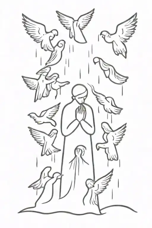 crowd of angels looking down on someone praying in the rain tattoo design idea