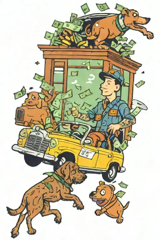 A surreal tattoo design featuring a window repairman flying through a sky filled with floating money and Mercedes Benz cars, with a loyal dog companion by his side tattoo design idea