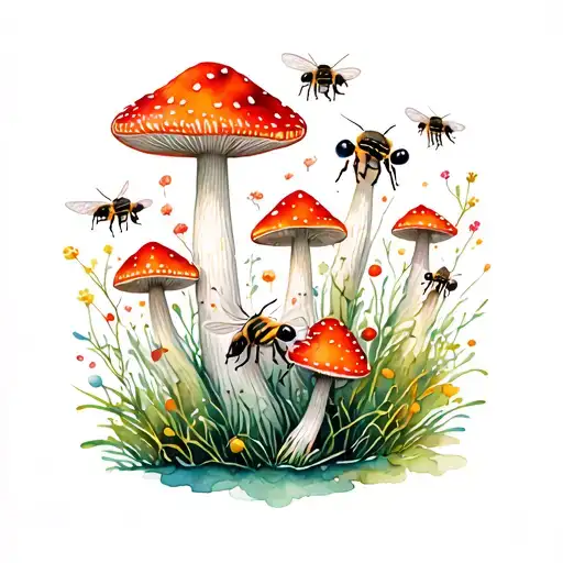 collage of bees and red mushrooms tattoo design idea