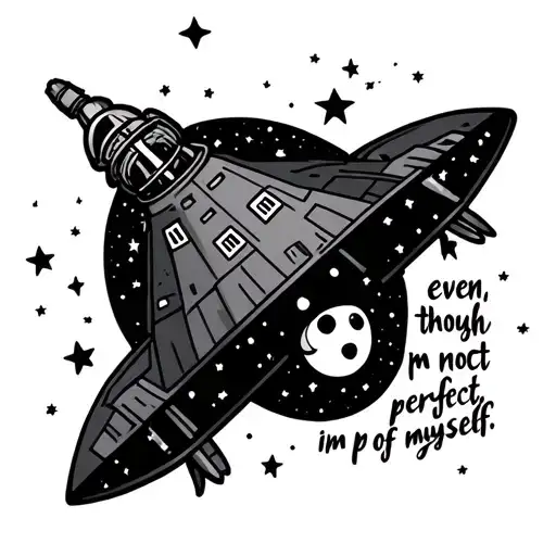 Cartoon spaceship surrounded with stars and moon and an  and the phrase "even though im not perfect, im proud of myself" tattoo design idea