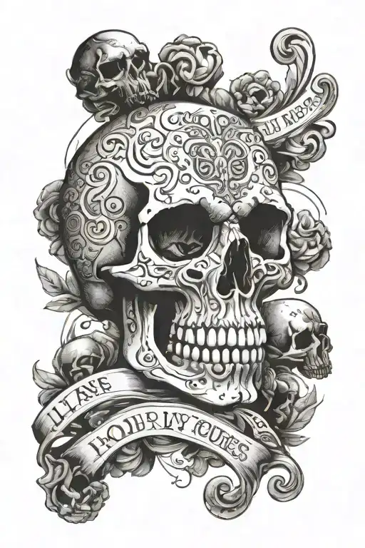 skull with the words for all mines ill lay yours tattoo design idea