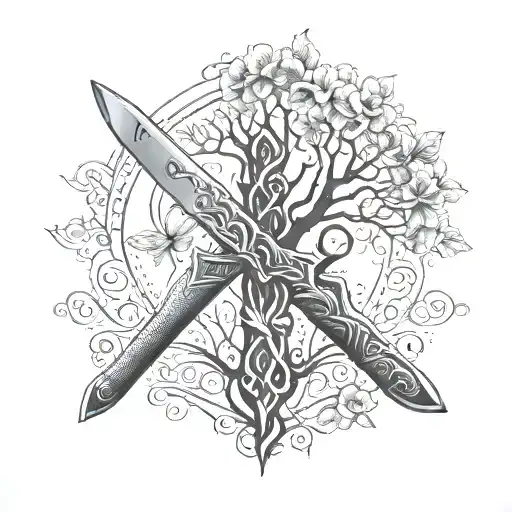 Design a tattoo of a butcher's knife (kés) intertwined with a family tree representing your love for your family (Család) tattoo design idea