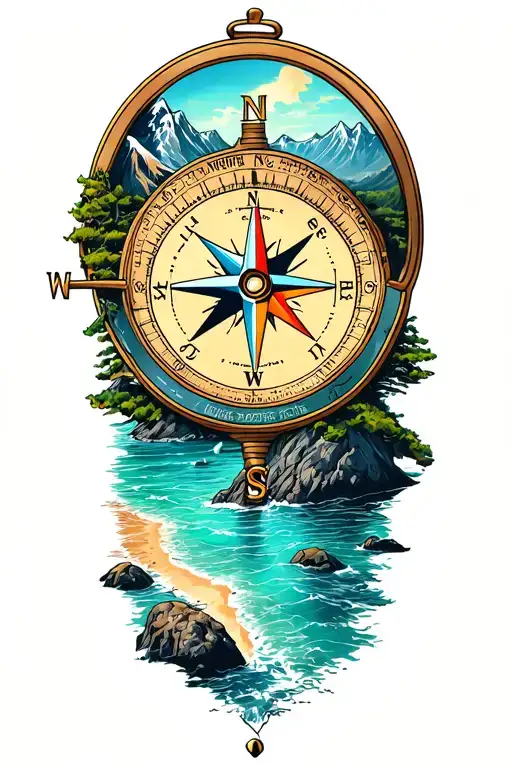 compass with my favorite places, gaming, hiking beaches and mountains tattoo design idea