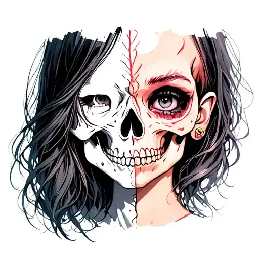 Girl with a half face in the form of a skull tattoo design idea