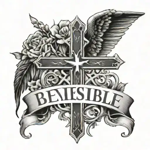name written with cross and Bible verse that says everything is possible for the one who believes incorporating elements tattoo design idea