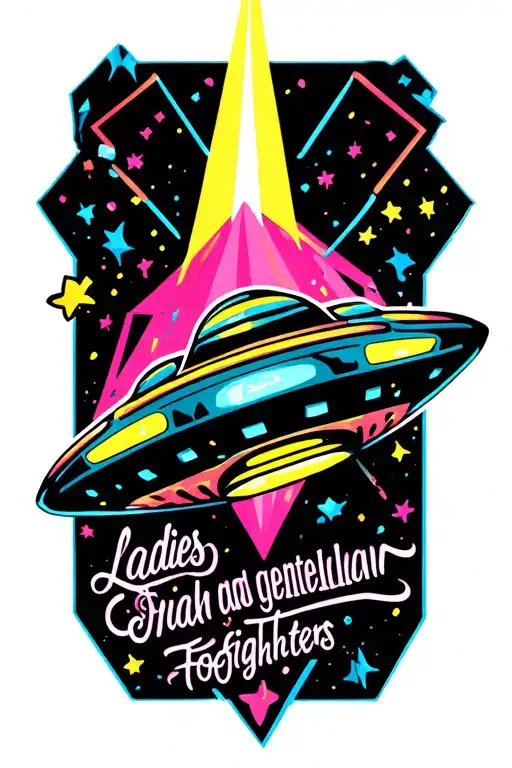 colourful ufo with beam in front of a diamond background with type writer text saying ladies and gentleman  Foofighters tattoo design idea