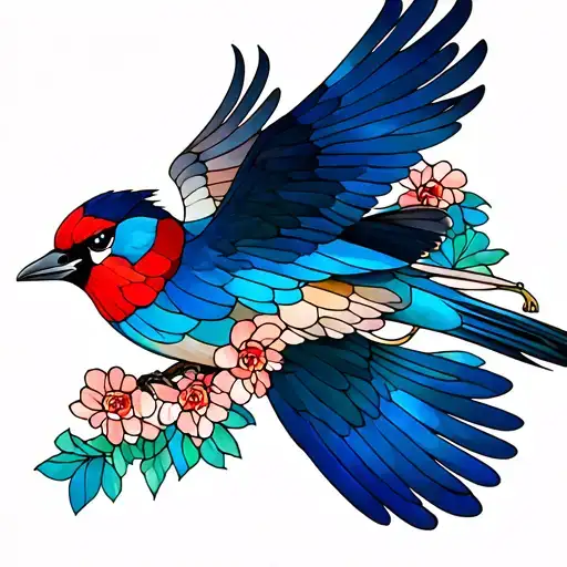 Jay ending flight, stained glass body, female bird tattoo design idea