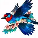 Jay ending flight, stained glass body, female bird tattoo design idea