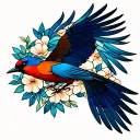 Jay ending flight, stained glass body, female bird tattoo design idea