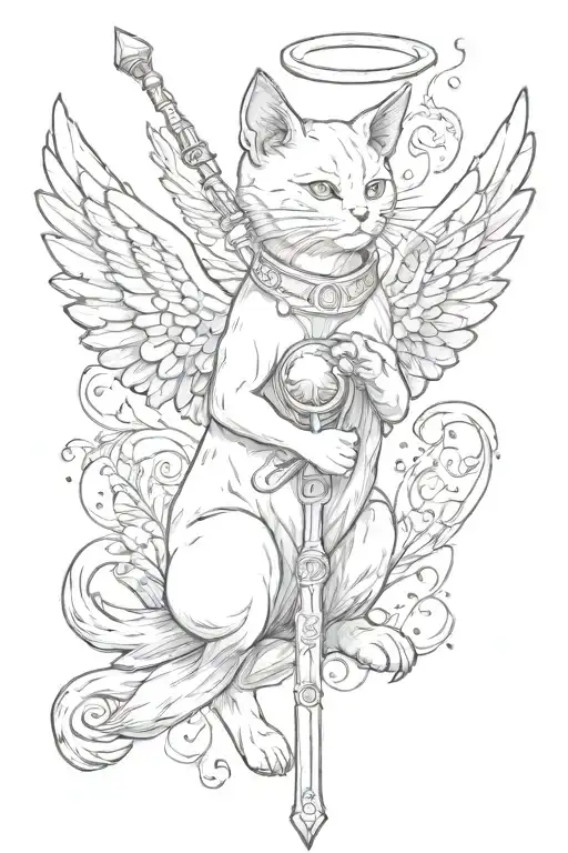 The body of a cat with angel wings, which has two heads, in one hand he holds a scepter and in the other an orb, let it be tattoo design idea