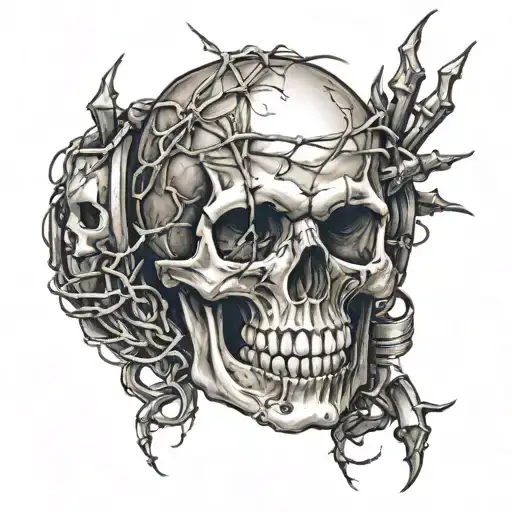Skull with barbed wire And fire coming tattoo design idea