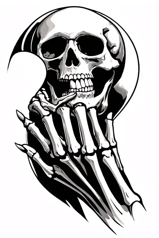 skull with skeleton hand covering mouth tattoo design idea